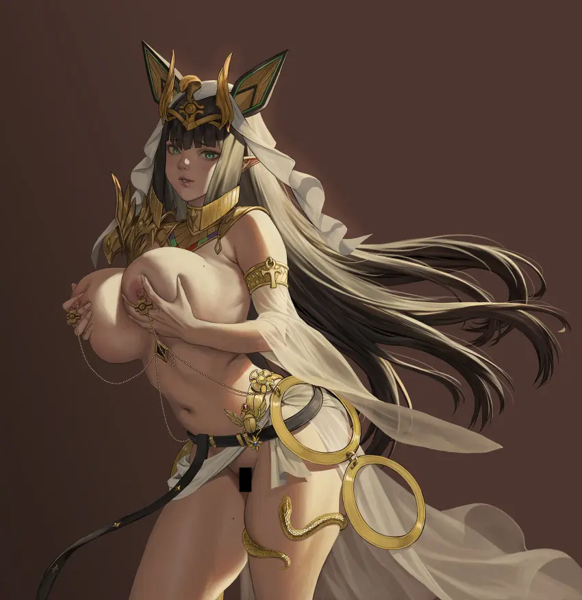 Image breasts,female,highres,long_hair,looking_at_viewer,nipples,simple_background,solo,very_long_hair,animal_ears,black_hair,blunt_bangs,navel,dark_skin,huge_breasts,piercing,green_eyes,parted_lips,pointy_ears,mole,mole_on_breast,censored,detached_sleeves,dark-skinned_female,brown_background,bar_censor,see-through,nipple_piercing,leaning_forward,egyptian,last_origin,sekhmet_of_death,circlet,grabbing_own_breast,paid_reward_available,nipple_rings,english_commentary,mixed-language_commentary,veil,egyptian_female,egyptian_clothes,gold_choker,nipple_chain,thighlet,jackal_ears,see-through_sleeves,janggun,jeneral,white_headdress