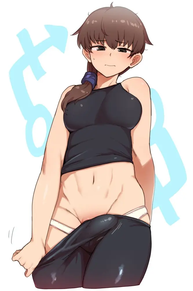 Image blush,breasts,clothed,clothing,human,large_breasts,light_skin,long_hair,mostly_clothed,pants,solo,standing,white_background,navel,penis,short_hair,panties,underwear,1futa,futanari,intersex,light-skinned_futa,embarrassed,original,futa_only,looking_down,brown_hair,bulge,black_eyes,closed_mouth,white_panties,cropped_legs,stomach,side_ponytail,2024,low_ponytail,yoga_pants,black_pants,penis_peek,pulled_by_self,groin,clothes_pull,pants_pull,hair_over_shoulder,okitaima,androgyne_symbol