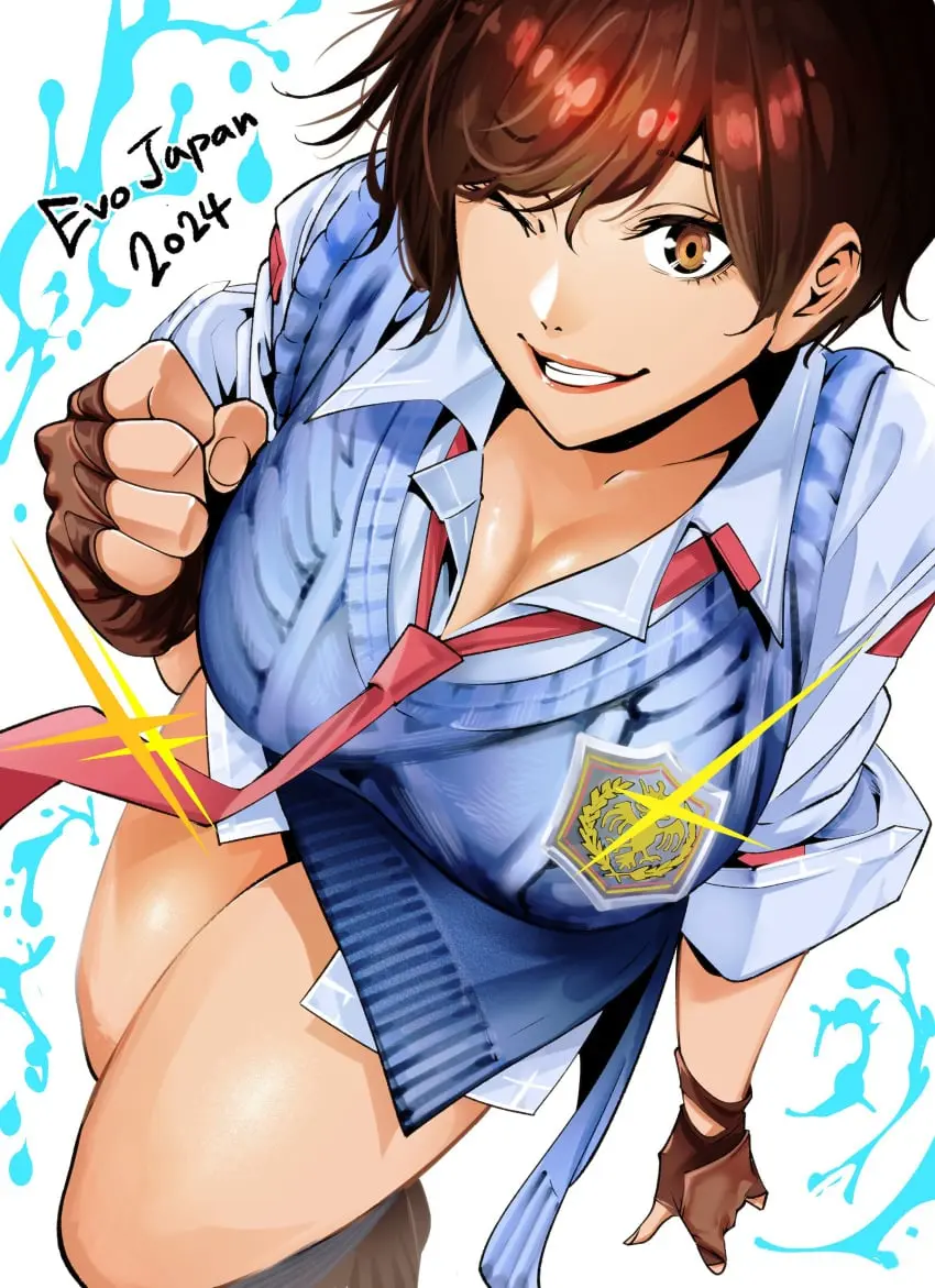 Image 1girls,big_breasts,breasts,female,female_only,smile,thick_thighs,wide_hips,smiling_at_viewer,cleavage,wink,winking_at_viewer,namco,tekken,tekken_8,kazama_asuka,evo,nadainishi