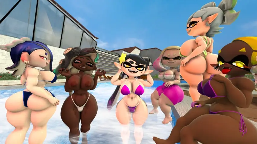Image breasts,female,female_only,looking_at_viewer,open_mouth,smile,standing,bikini,ass,huge_ass,looking_back,barefoot,open_smile,huge_breasts,sitting,alternate_version_available,dark-skinned_female,nintendo,3d,self_upload,marina_(splatoon),splatoon,teasing,sfm,pool,full_body,partially_submerged,marie_(splatoon),source_filmmaker,6girls,frye_(splatoon),pearl_(splatoon),callie_(splatoon),shiver_(splatoon),silverade55