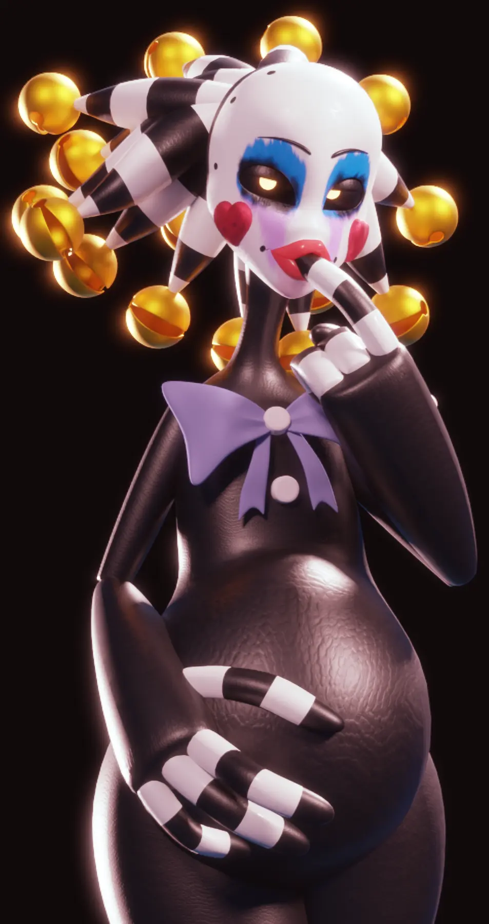 Image female,solo,white_skin,pregnant,pregnant_female,3d,black_skin,black_body,ribbon,3d_(artwork),makeup,makeup_running,heart_symbol,robot,robot_girl,robot_humanoid,jingle_bell,five_nights_at_freddy's,animatronic,fnaf,scottgames,animatronic_female,animatronic_girl,white_face,marionette_(fnaf),puppet_(fnaf),sucking_fingers,rckke,jingle_bells,sucking_finger