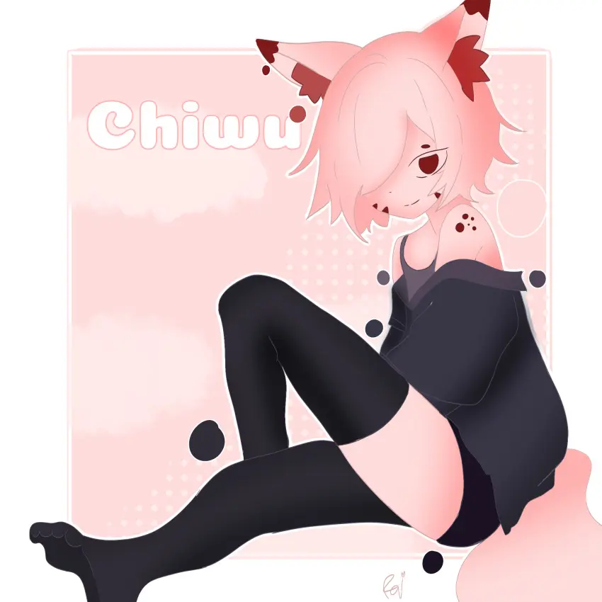Image hair_ornament,red_eyes,1boy,male,tail,thighhighs,hair_over_one_eye,femboy,artist_name,hair,pink_hair,artist_signature,shorts,tank_top,pink_body,pink_skin,pink_fur,pink_background,reference_sheet,short_shorts,reference_image,border,safe,safe_for_work,loose_clothes,loose_shirt,purilumpia