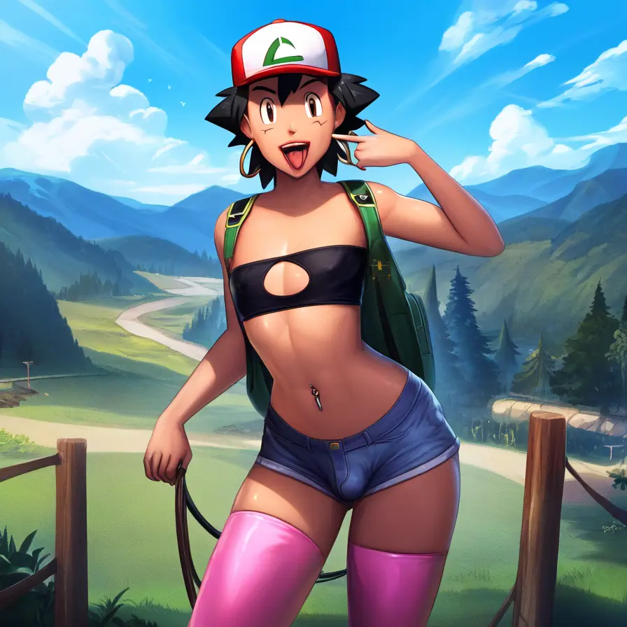 Image male,pokemon,thighhighs,ai_generated,femboy,navel_piercing,novelai,short_shorts,bimbofication,bandeau,sustaco,satoshi_(pokemon)