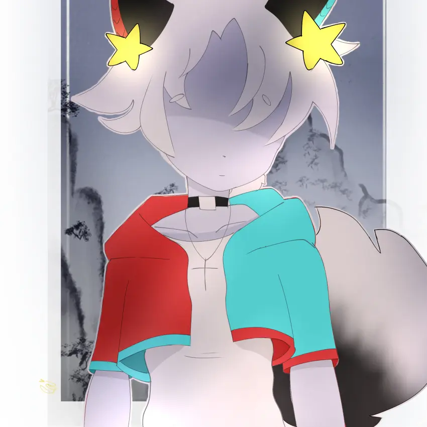 Image 1girls,female,shirt,animal_ears,tail,choker,background,artist_name,collar,artist_signature,black_choker,fox_ears,fox_girl,fox_tail,oc,star_(symbol),cross_necklace,no_eyes,border,two_tone_ears,safe,safe_for_work,two_tone_clothing,half_body,cropped_hoodie,purilumpia,black_and_white_tail