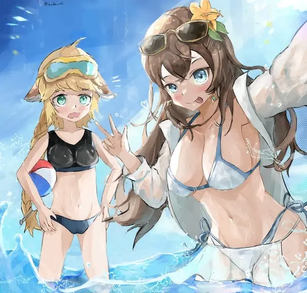 Image female,tongue_out,bikini,earrings,beach,flower_in_hair,ocean,blonde_hair,sunglasses_on_head,brown_hair,sunglasses,cyan_eyes,peace_sign,sea,beach_ball,yellow_flower,blue_earrings,pussy_bulge,guardian_tales,engineer_marianne_(guardian_tales),marianne_(guardian_tales),scientist_on_the_beach_sohee_(guardian_tales),sohee_(guardian_tales),teatan,www1_(artist)