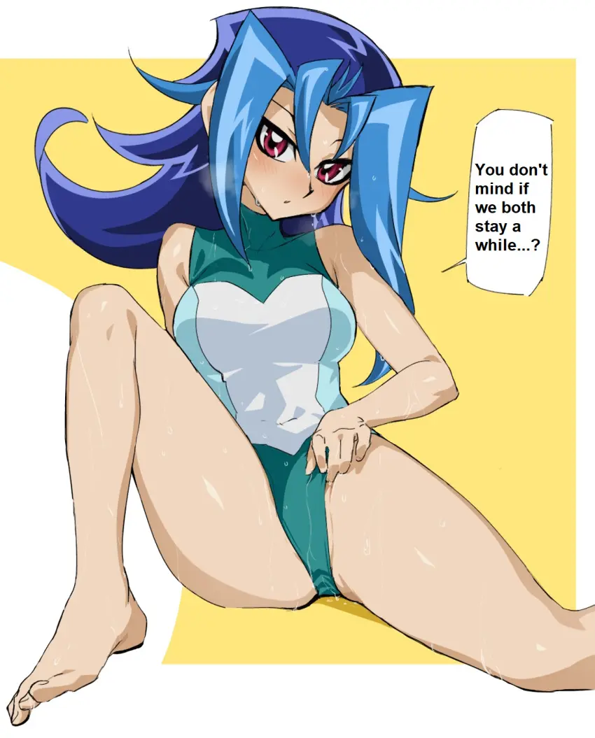 Image blush,breasts,female,hi_res,long_hair,looking_at_viewer,red_eyes,solo,blue_hair,text,medium_breasts,swimsuit,yu-gi-oh!,translated,edit,open_legs,flirting,flirting_with_viewer,wetting,kamishiro_rio,rio_kamishiro,yu-gi-oh!_zexal,dntks