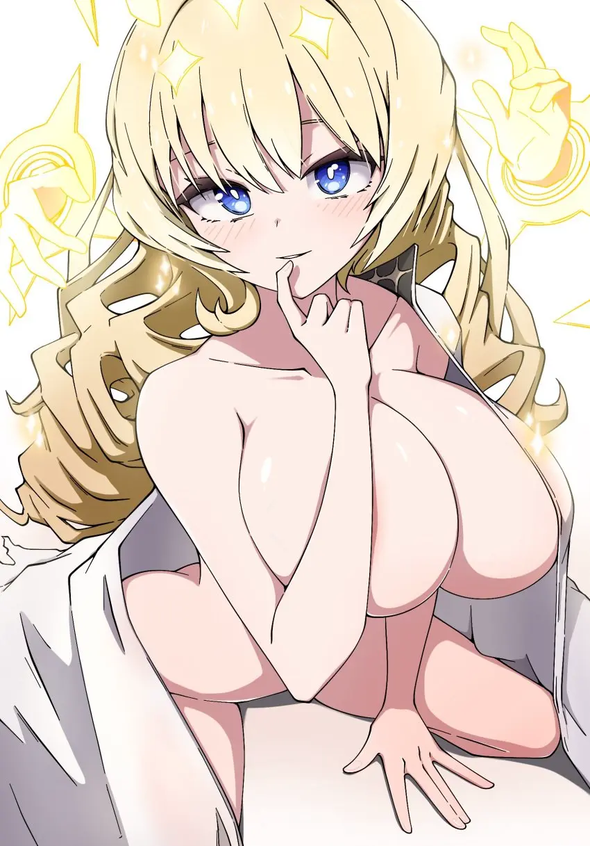 Image blush,breasts,female,shiny_skin,seductive,seductive_eyes,seductive_look,seductive_smile,high-angle_view,huge_breasts,gigantic_breasts,sitting,goddess_of_victory:_nikke,arm_support,blush_lines,hand_between_legs,areola_slip,wariza,squished_breasts,finger_on_lip,crown_(nikke),arm_between_legs,crown_(naked_king)_(nikke),yoonsun