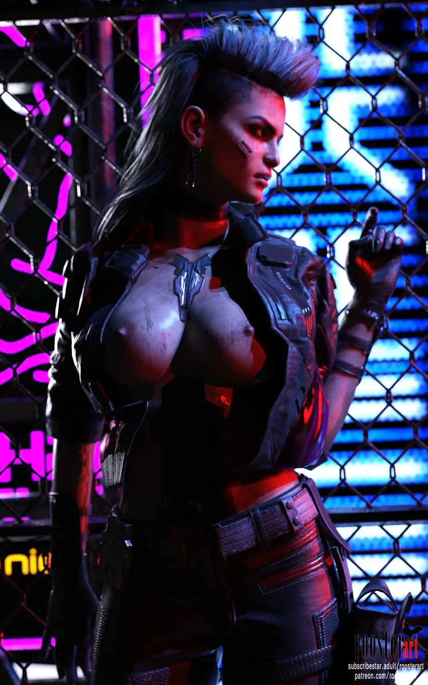 Image 1girls,breasts,female,female_only,nipples,solo,standing,female_focus,patreon,patreon_username,looking_away,solo_female,solo_focus,medium_breasts,3d,night,jacket,3d_(artwork),cyberpunk_2077,dirty,partially_clothed,erect_nipples,4k,neon_lights,video_game,video_game_character,video_game_franchise,cyberpunk,subscribestar,dark,rogue_amendiares,10:16,roosterart,subscribestar_username,dirt,dirty_skin