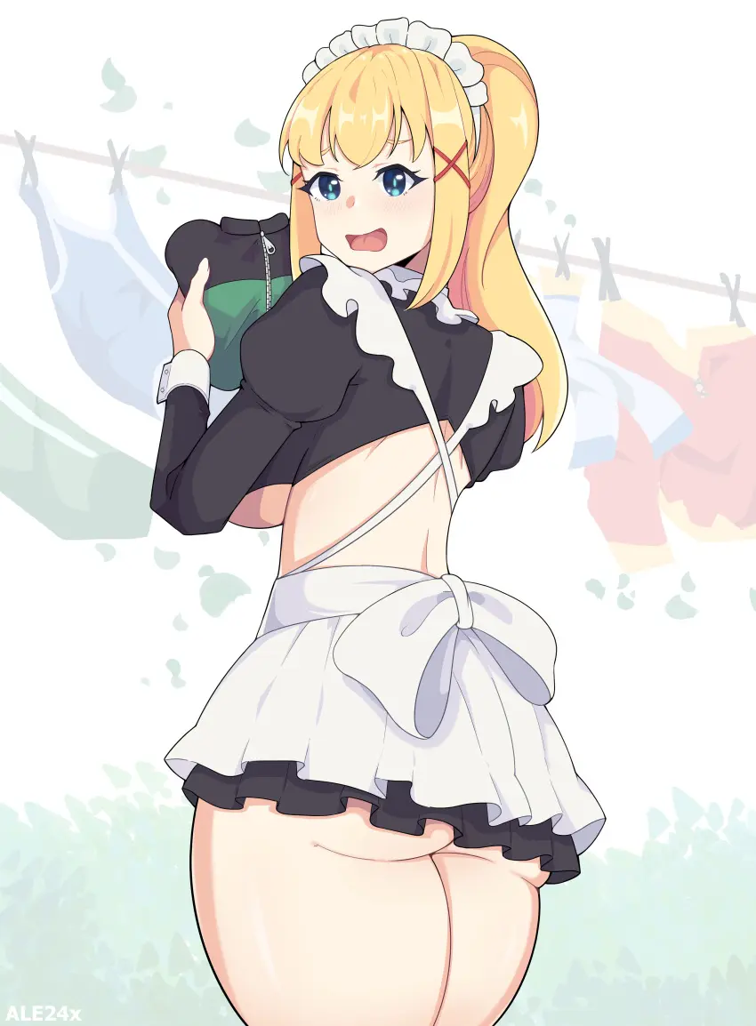 Image 1girls,breasts,female,female_only,hair_ornament,looking_at_viewer,solo,blue_eyes,ass,big_ass,underboob,blonde_hair,maid,maid_outfit,maid_uniform,skirt,anime_style,darkness_(konosuba),kono_subarashii_sekai_ni_shukufuku_wo!,clip_studio_paint_(medium),ale24x