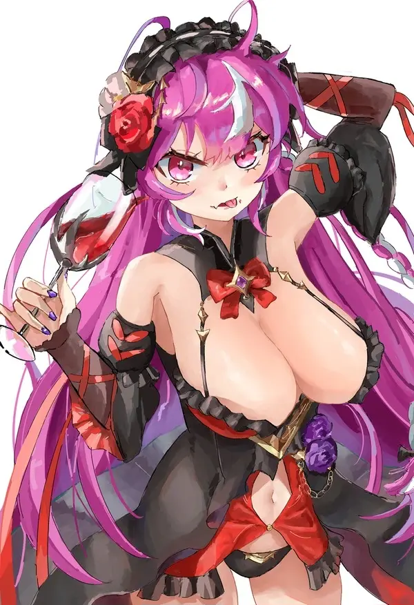 Image breasts,female,large_breasts,belly_button,pink_hair,tagme,pink_eyes,vampire,vampire_girl,revealing_clothes,wine_glass,drinking_blood,guardian_tales,karina_(guardian_tales),vampire_girl_karina_(guardian_tales),www1_(artist)