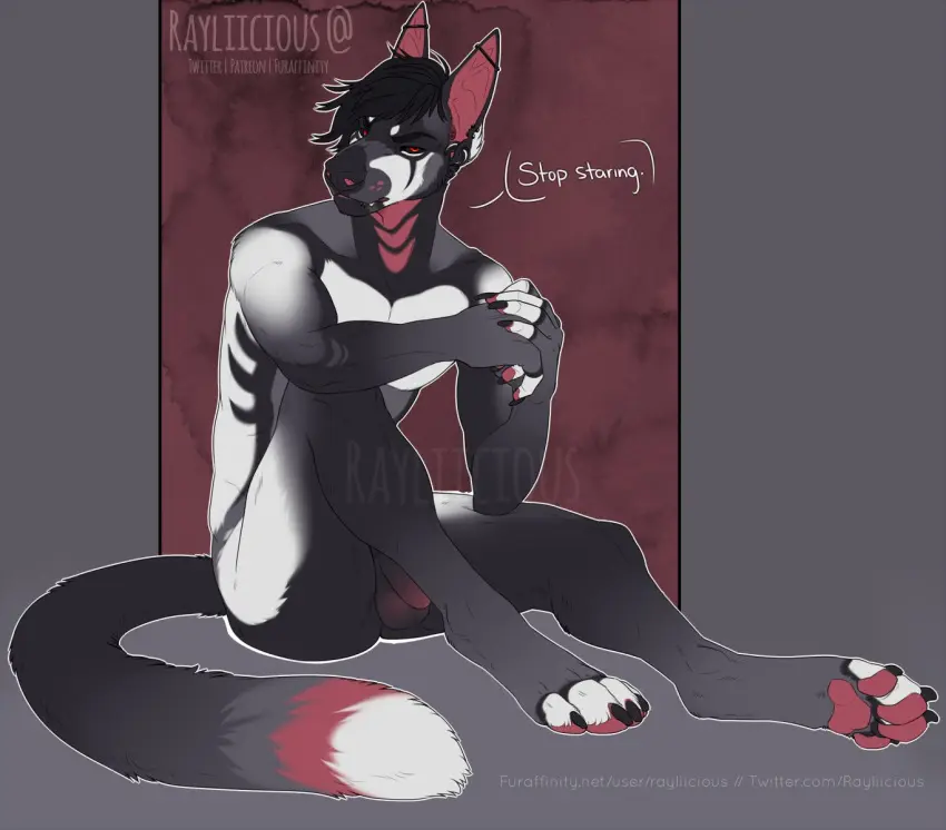 Image hi_res,red_eyes,solo,black_hair,male,nude,penis,humanoid_penis,male_only,balls,hair,anthro,piercing,text,sitting,flaccid,fur,genitals,grey_body,grey_fur,claws,ear_piercing,narrowed_eyes,white_body,male_focus,humanoid_genitalia,markings,gauged_ear,white_fur,black_sclera,url,pawpads,red_pawpads,black_claws,ear_ring,ring_piercing,mouth_closed,facial_piercing,multiple_piercings,lip_piercing,red_markings,industrial_piercing,red_inner_ear,rayliicious,neck_markings,ray_(rayliicious),spiderbite_piercing