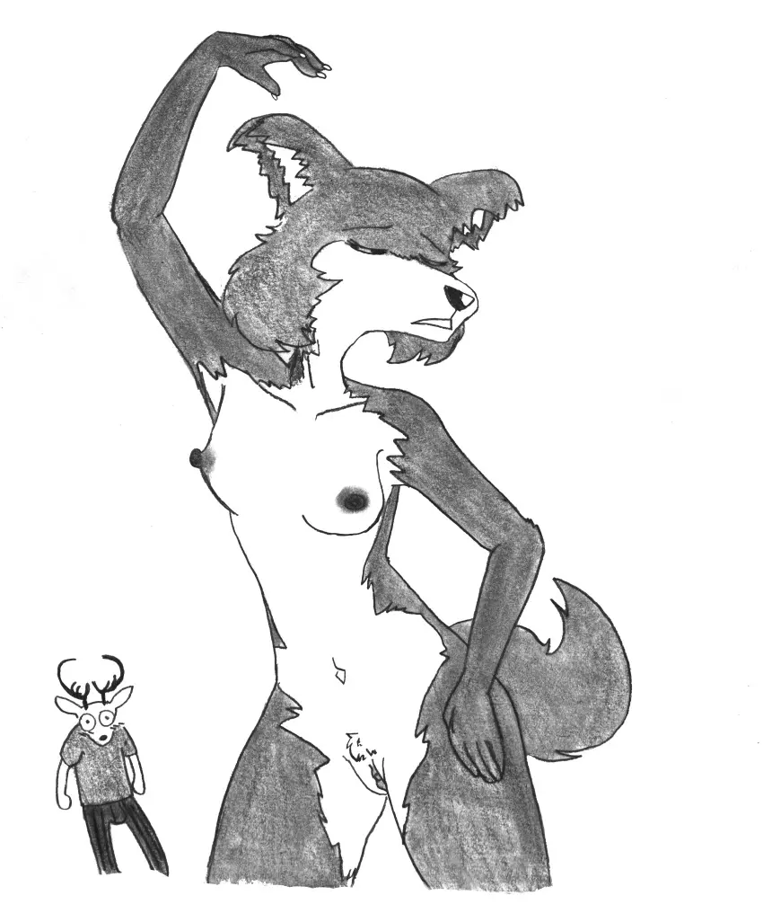 Image blush,breasts,clothing,female,hi_res,nipples,navel,nude,pussy,erection,collarbone,anthro,absurd_res,presenting,monochrome,beastars,canid,canine,canis,genitals,mammal,wolf,horn,antlers,deer,tuft,presenting_pussy,erection_under_clothing,graphite_(artwork),pencil_(artwork),traditional_media_(artwork),facial_tuft,cheek_tuft,juno_(beastars),dancing,louis_(beastars),efradraws