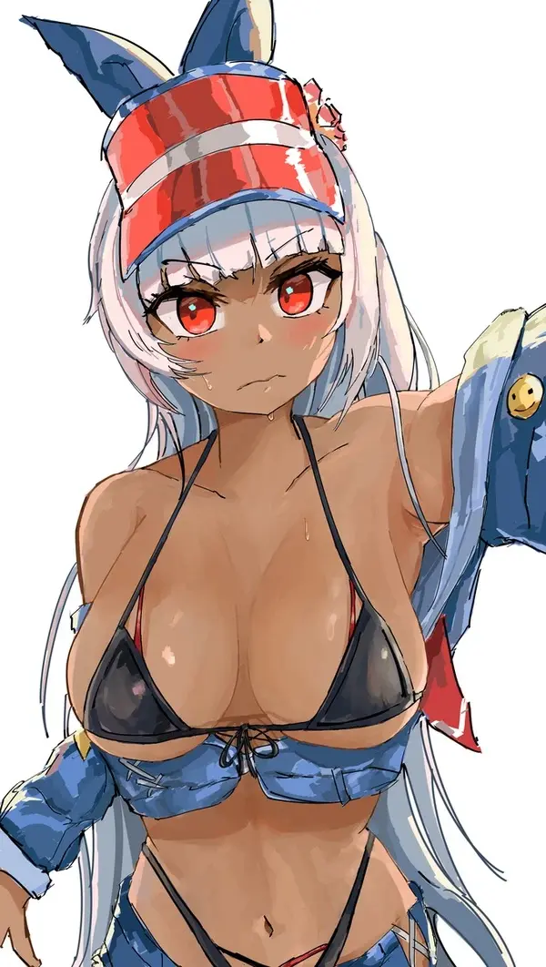 Image blush,red_eyes,white_background,white_hair,sweat,bikini,hat,belly_button,tagme,sweatdrop,denim_jacket,guardian_tales,www1_(artist),beach_dragon_knight_shapira_(guardian_tales),shapira_(guardian_tales)