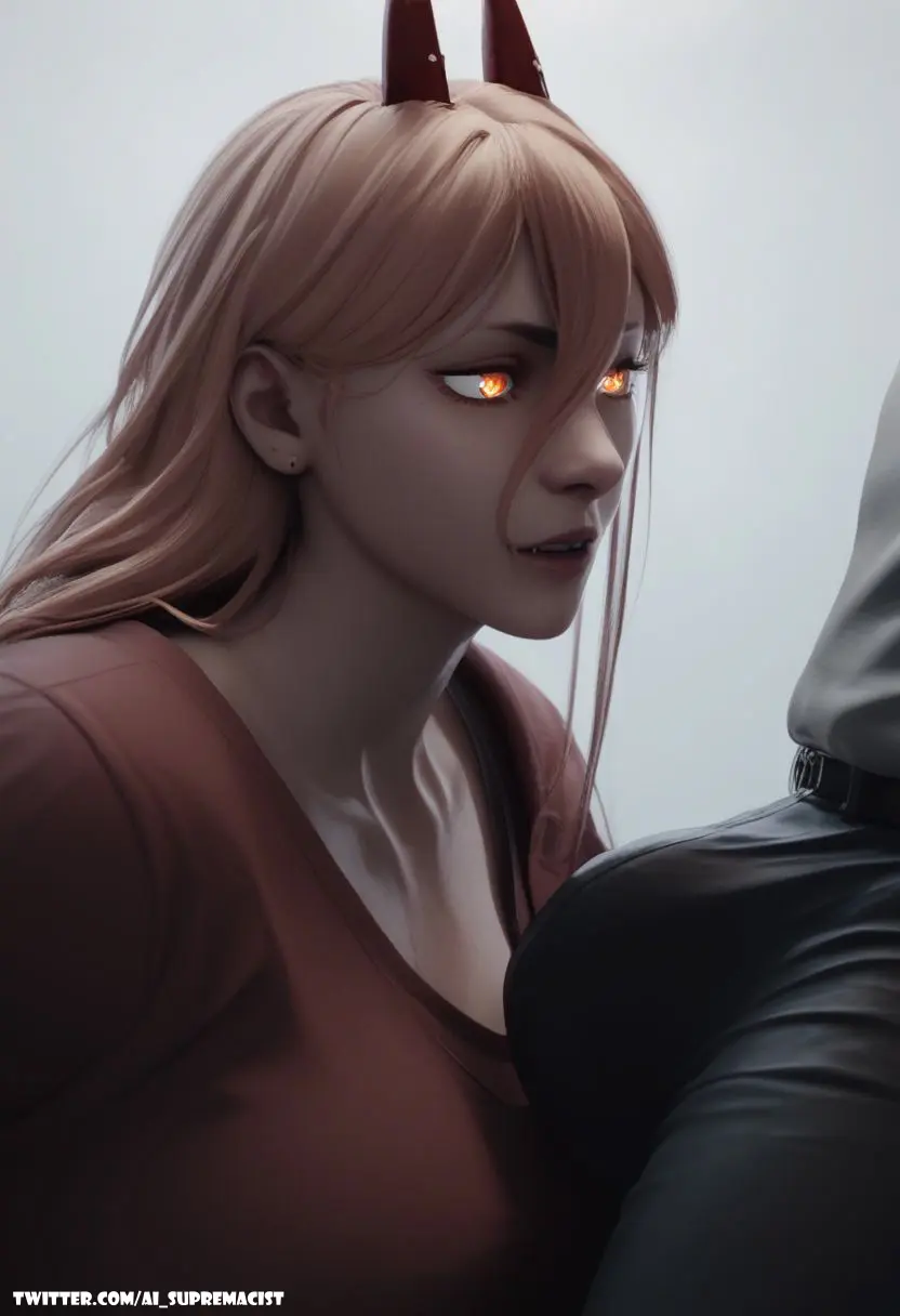 Image breasts, clothing, female, large_breasts, long_hair, looking_at_viewer, open_mouth, shirt, simple_background, solo, 1boy, bangs, male, symbol-shaped_pupils, yellow_eyes, earrings, futanari, intersex, orange_eyes, horns, ai_generated, artist_name, jewelry, solo_focus, teeth, blonde_hair, lips, bulge, hair_between_eyes, demon_girl, demon_horns, glowing_eyes, sharp_teeth, realistic, looking_at_another, upper_body, breast_press, fangs, high_resolution, glowing, chainsaw_man, power_(chainsaw_man), makima_(chainsaw_man), red_horns, office_lady, cross-shaped_pupils, ai_supremacist