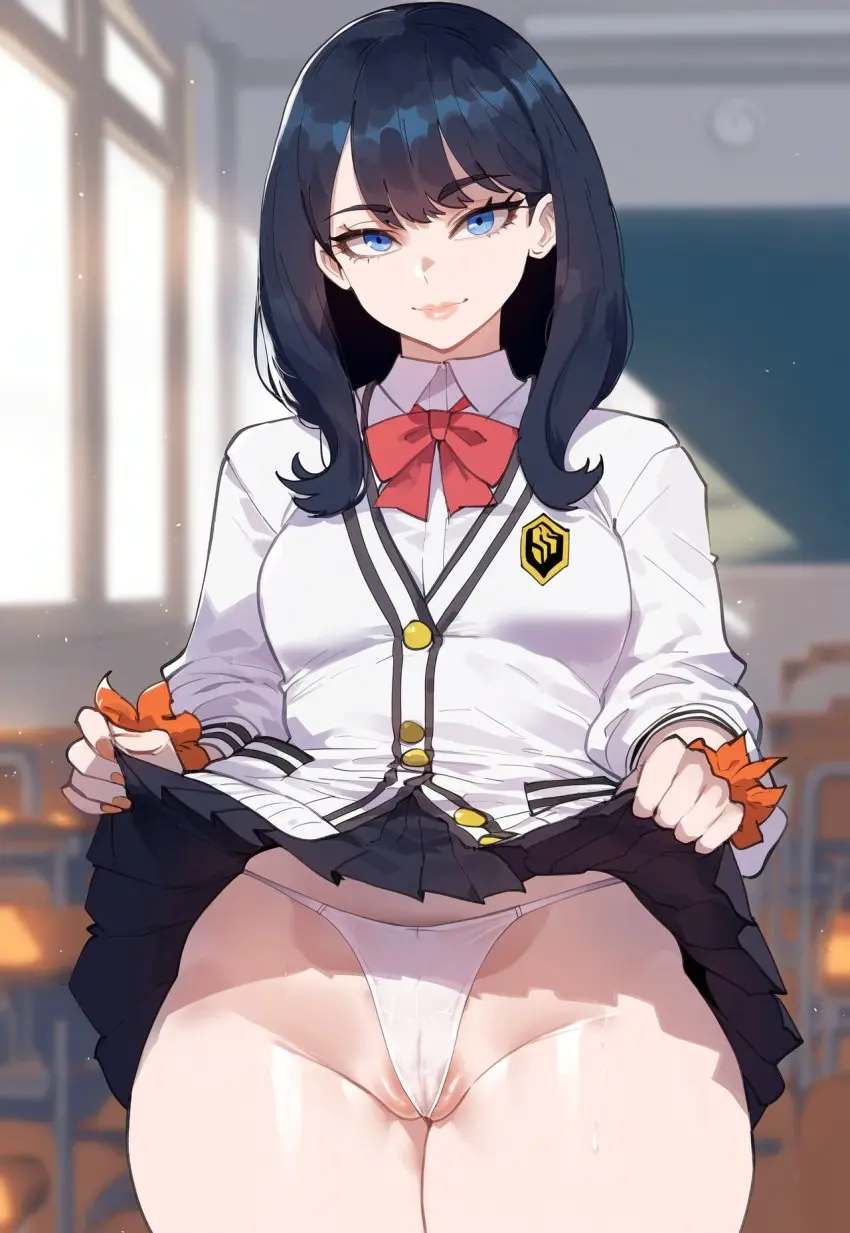 Image breasts,female,black_hair,blue_eyes,pussy,thick_thighs,wide_hips,ai_generated,medium_breasts,curvy,white_panties,skirt_lift,thiccwithaq_(ai_style),gridman_universe,ssss.gridman,takarada_rikka,creamy_ai