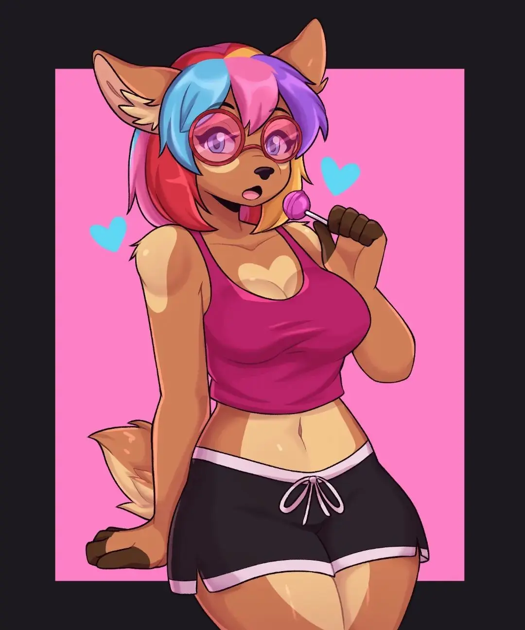 Image female,looking_at_viewer,furry,multicolored_hair,heart,shorts,deer,deer_humanoid,crop_top,trans_woman,transfem,deer_ears,deer_girl,lollipop,dolphin_shorts,trans,artkett1412,colored_glasses,melody_nosurname