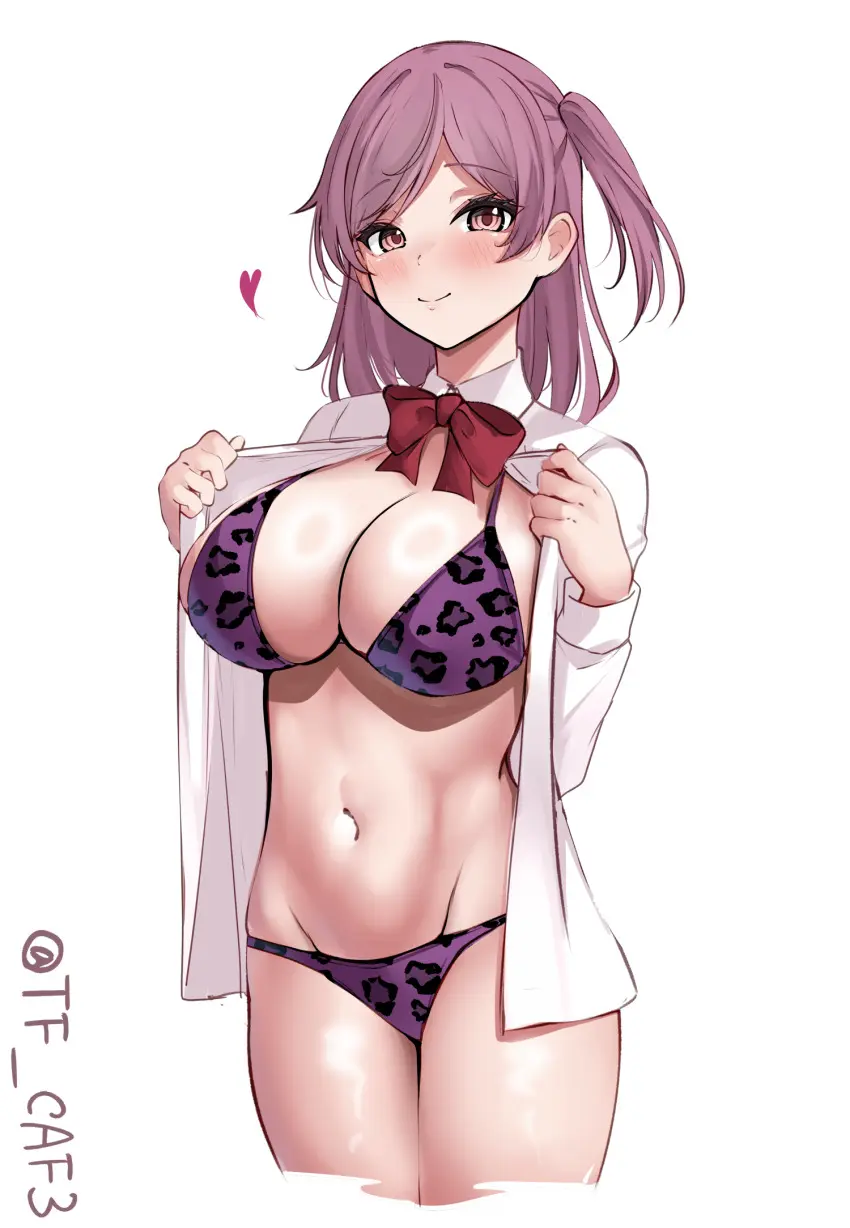 Image 1girls,blush,bow,breasts,cowboy_shot,female,female_only,highres,large_breasts,long_sleeves,looking_at_viewer,open_clothes,open_shirt,simple_background,smile,solo,white_background,navel,bikini,cleavage,swimsuit,purple_eyes,purple_hair,medium_hair,closed_mouth,alternate_costume,cropped_legs,kantai_collection,animal_print,leopard_print,bowtie,purple_bikini,twitter_username,red_bowtie,red_bow,leopard_print_bikini,hagikaze_(kantai_collection),one-hour_drawing_challenge,tf_cafe