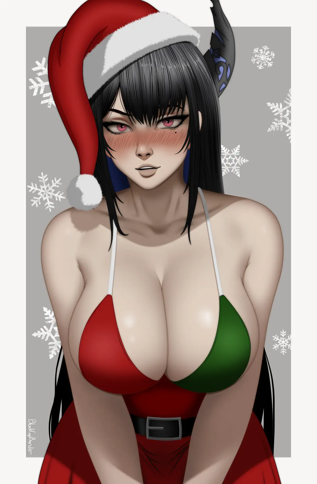Image female,looking_at_viewer,virtual_youtuber,horns,cleavage,digital_media_(artwork),vtuber,purple_eyes,pinup,hololive,christmas,fur_trim,hololive_english,hololive_english_-advent-,beauty_mark,christmas_headwear,nerissa_ravencroft,blackcapbandit