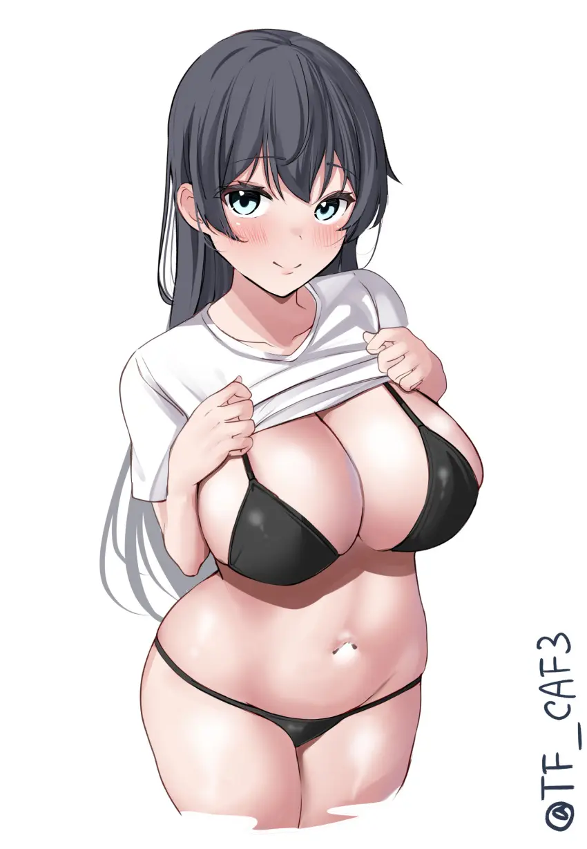 Image breasts,cowboy_shot,female,highres,large_breasts,long_hair,shirt,simple_background,smile,solo,white_background,black_hair,blue_eyes,navel,cleavage,lifted_by_self,short_sleeves,white_shirt,alternate_costume,clothes_lift,cropped_legs,shirt_lift,kantai_collection,twitter_username,agano_(kantai_collection),one-hour_drawing_challenge,tf_cafe