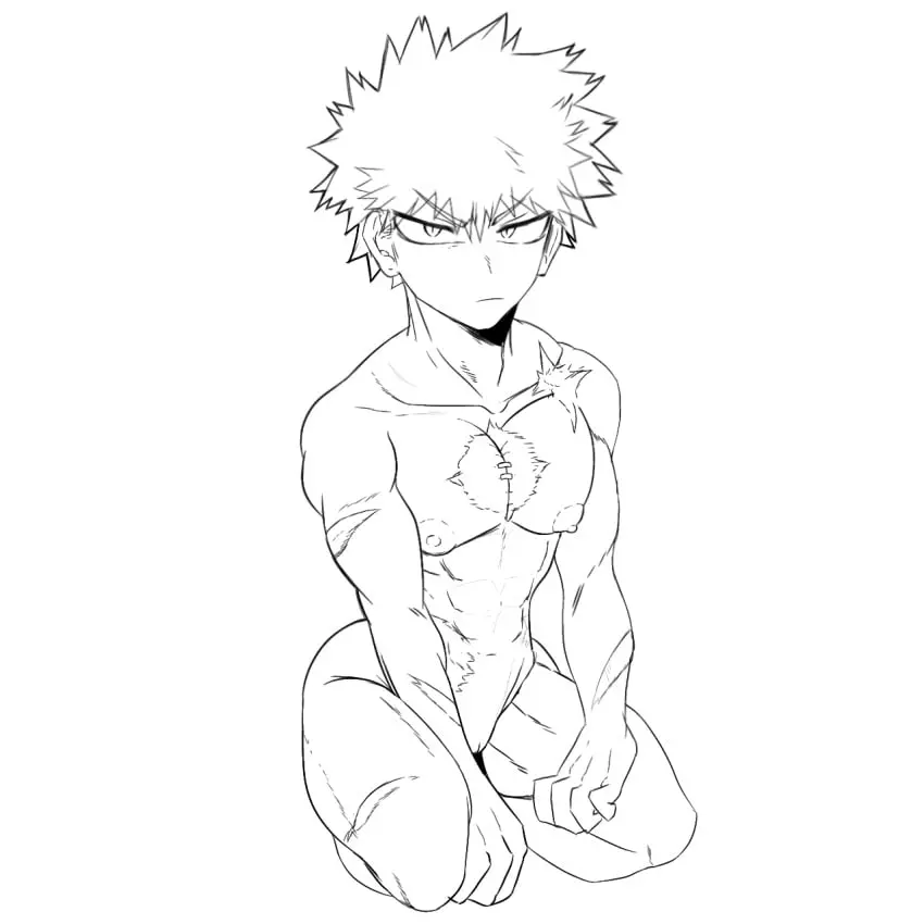 Image pussy,short_hair,big_butt,intersex,wide_hips,blonde_hair,my_hero_academia,boku_no_hero_academia,nudity,angry_expression,cuntboy,scars,no_color,wip,katsuki_bakugou,staples