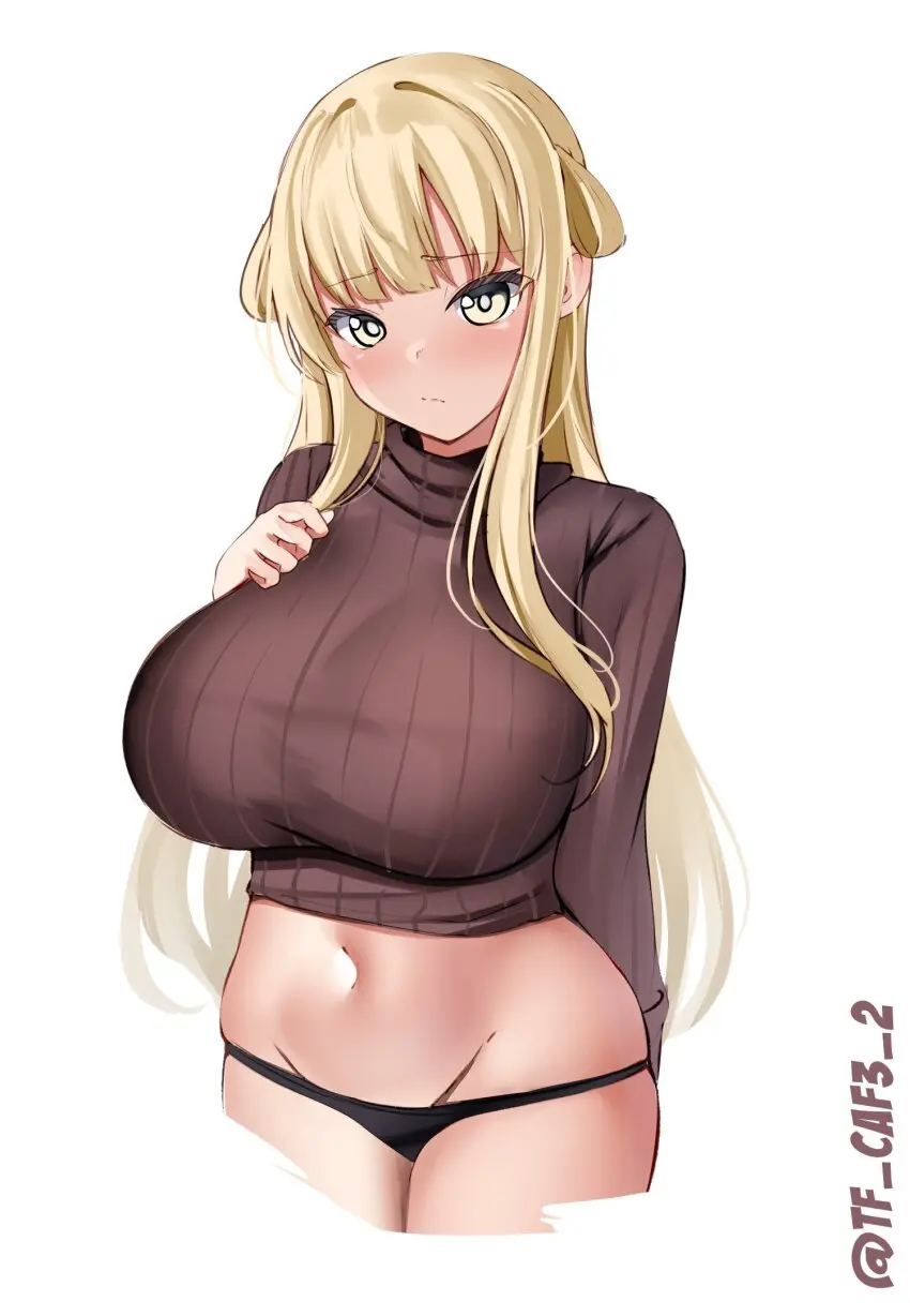 Image blush,breasts,cowboy_shot,female,highres,large_breasts,long_hair,looking_at_viewer,simple_background,solo,white_background,navel,yellow_eyes,midriff,blonde_hair,closed_mouth,hair_flaps,sweater,kantai_collection,hand_on_own_chest,twitter_username,brown_sweater,one-hour_drawing_challenge,fletcher_(kantai_collection),tf_cafe