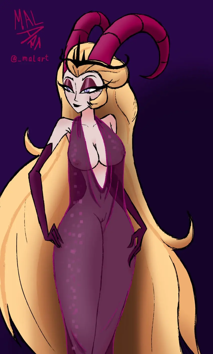Image big_breasts,breasts,female,female_only,long_hair,solo,gloves,milf,wide_hips,horns,blonde_hair,dress,pale_skin,demon_girl,demon_horns,see-through,eyeshadow,mother,big_thighs,see-through_clothing,hazbin_hotel,succubus,black_lipstick,visible_nipples,long_gloves,lilith_morningstar_(hazbin_hotel),see-through_dress,malart,evening_gloves