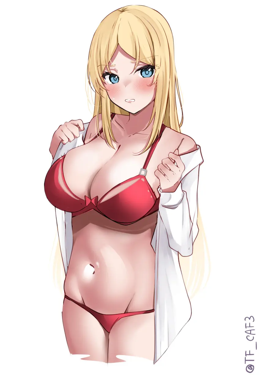 Image bow,breasts,collared_shirt,female,highres,large_breasts,long_hair,open_clothes,open_shirt,shirt,simple_background,solo,white_background,blue_eyes,bra,panties,underwear,cleavage,blonde_hair,dress_shirt,white_shirt,cropped_legs,kantai_collection,twitter_username,red_panties,red_bra,lowleg,bow_bra,nelson_(kantai_collection),lowleg_panties,one-hour_drawing_challenge,tf_cafe