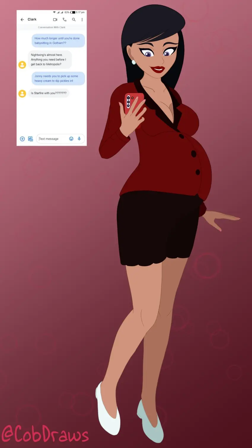 Image 1girls,breasts,clothed,clothing,female,solo,black_hair,earrings,smiling,belly,big_belly,cleavage,happy,pregnant,pregnant_belly,pregnant_female,legs,lips,purple_eyes,red_lipstick,skirt,jacket,lipstick,dc,dc_comics,phone,covered_breasts,cellphone,smartphone,red_lips,short_skirt,red_jacket,texting,white_shoes,business_suit,dcau,superman_(series),lois_lane,on_toes,superman:_the_animated_series,cobaltscribbler,lois_lane_(dcau)