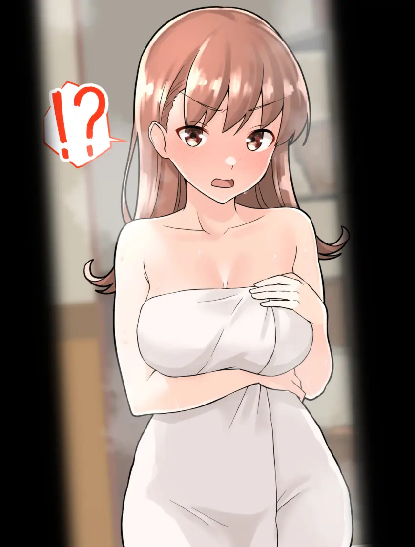 Image breasts,brown_eyes,female,highres,large_breasts,long_hair,looking_at_viewer,solo,standing,brown_hair,surprised,speech_bubble,kantai_collection,blurry,blurry_background,!?,doorway,after_bathing,furaggu_(frag_0416),spoken_interrobang,ooi_(kantai_collection),pov_doorway