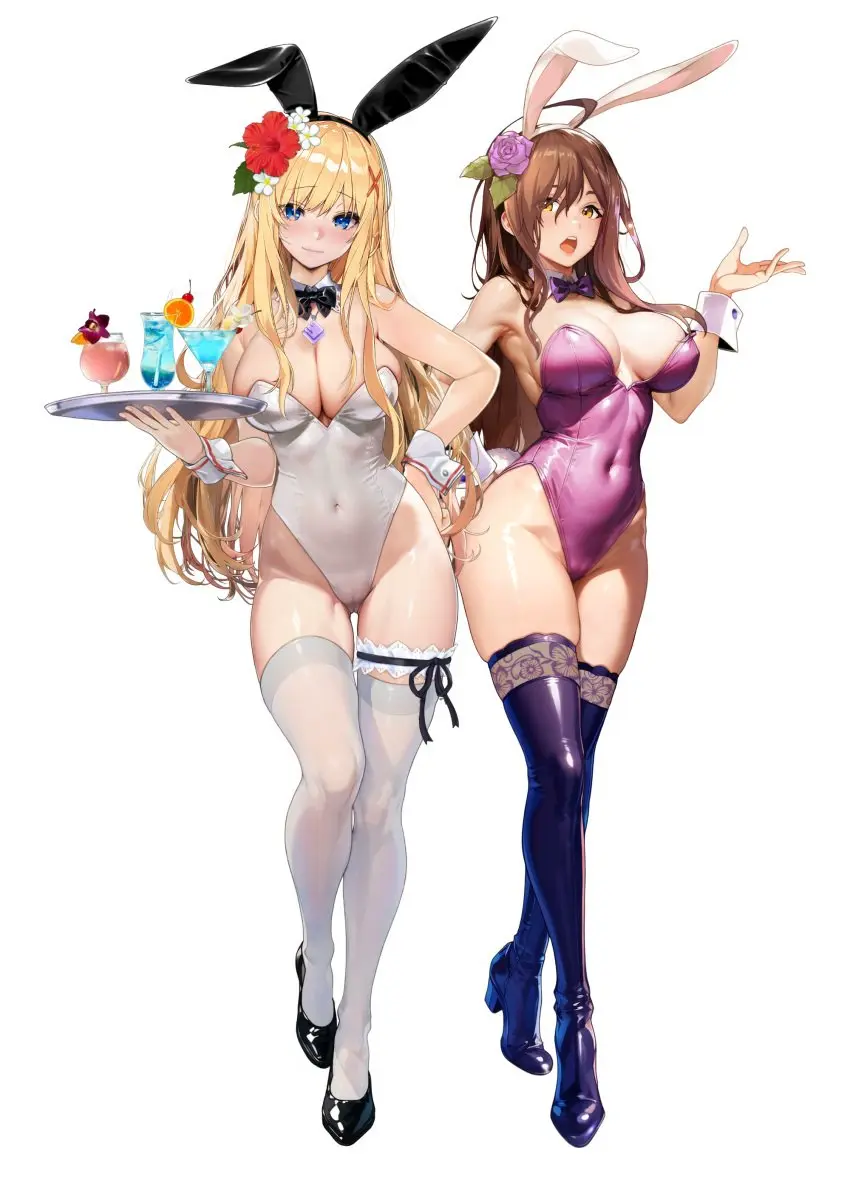 Image blush,bow,breasts,brown_eyes,female,female_only,hair_ornament,highres,large_breasts,long_hair,looking_at_viewer,open_mouth,simple_background,standing,white_background,2girls,absurdres,animal_ears,blue_eyes,multiple_girls,thighhighs,thighs,armpits,bare_shoulders,cleavage,jewelry,ass_visible_through_thighs,blonde_hair,necklace,brown_hair,rabbit_ears,cameltoe,detached_collar,collar,tight_clothing,closed_mouth,revealing_clothes,holding,flower,hair_flower,red_flower,white_collar,covered_navel,playboy_bunny,tray,breasts_apart,leotard,fake_animal_ears,highleg,highleg_leotard,strapless,strapless_leotard,white_leotard,full_body,thigh_strap,boots,shoes,bowtie,black_footwear,darkness_(konosuba),kono_subarashii_sekai_ni_shukufuku_wo!,cup,white_thighhighs,eyes_visible_through_hair,black_bow,groin,white_flower,wrist_cuffs,black_bowtie,hand_up,wiz_(konosuba),x_hair_ornament,thigh_boots,rose,drinking_glass,thighhighs_under_boots,holding_tray,white_wrist_cuffs,purple_bow,purple_bowtie,purple_flower,purple_leotard,purple_rose,ayase_shichikai,chamomile,poppy_(flower),traditional_bowtie