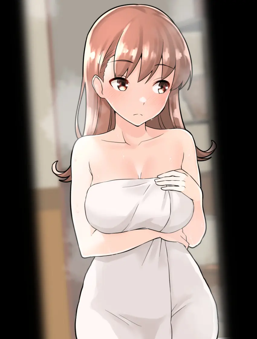 Image breasts,brown_eyes,female,highres,large_breasts,long_hair,solo,standing,brown_hair,towel,kantai_collection,blurry,blurry_background,naked_towel,doorway,looking_to_the_side,after_bathing,furaggu_(frag_0416),white_towel,ooi_(kantai_collection),pov_doorway
