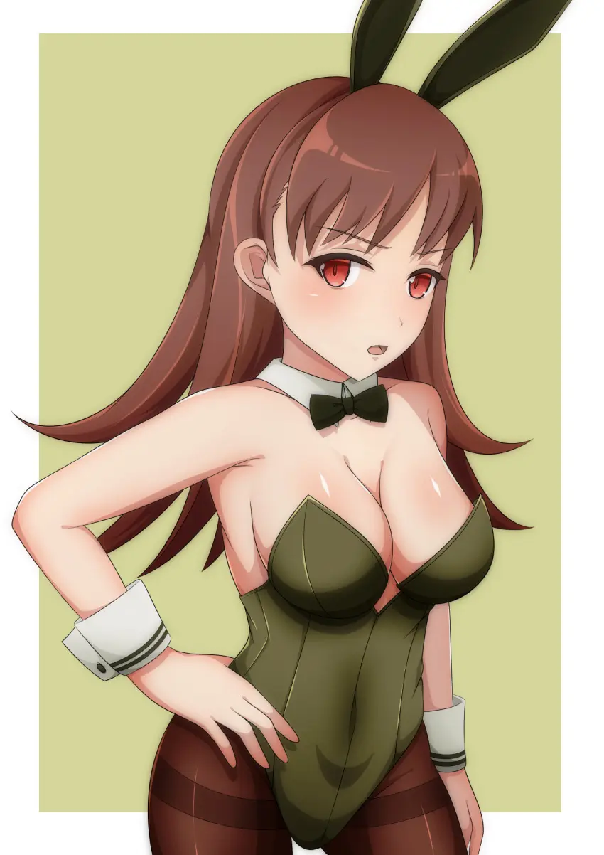 Image blush,bow,breasts,brown_eyes,female,highres,long_hair,looking_at_viewer,open_mouth,solo,animal_ears,bare_shoulders,cleavage,medium_breasts,brown_hair,rabbit_ears,hand_on_own_hip,detached_collar,covered_navel,playboy_bunny,leotard,fake_animal_ears,strapless,strapless_leotard,kantai_collection,pantyhose,bowtie,green_leotard,wrist_cuffs,brown_pantyhose,ooi_(kantai_collection),traditional_bowtie,bell_shireikan