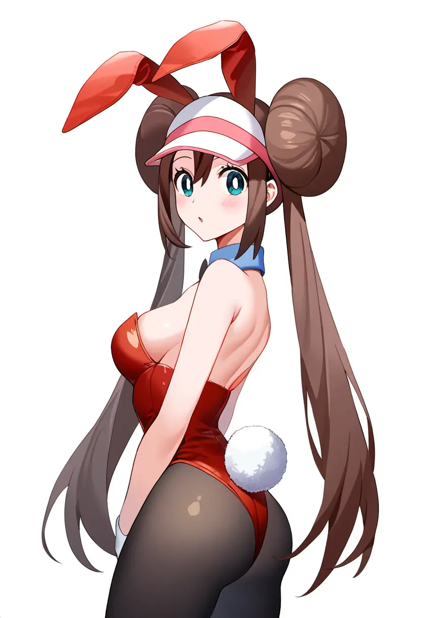 Image 1girls,cowboy_shot,female,looking_at_viewer,standing,blue_eyes,pokemon,hat,ai_generated,twin_buns,shoulders,brown_hair,bunny_ears,bunny_girl,nintendo,self_upload,twintails,bunnysuit,fake_animal_ears,novelai,fake_tail,hair_buns,rosa_(pokemon),pokemon_bw2,bare_back