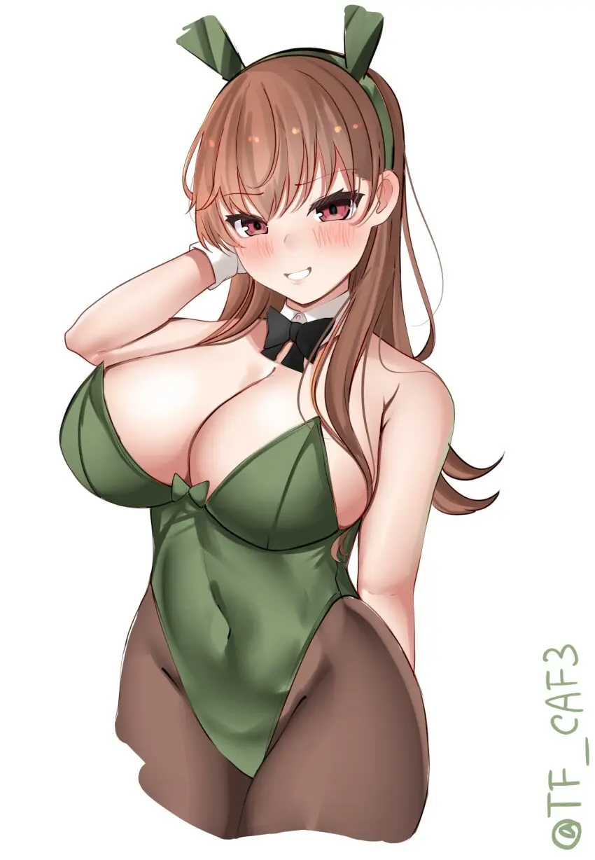 Image blush,bow,breasts,brown_eyes,female,highres,large_breasts,long_hair,simple_background,solo,white_background,animal_ears,cleavage,brown_hair,rabbit_ears,detached_collar,covered_navel,playboy_bunny,leotard,fake_animal_ears,strapless,strapless_leotard,kantai_collection,pantyhose,bowtie,green_leotard,twitter_username,wrist_cuffs,adapted_costume,brown_pantyhose,ooi_(kantai_collection),tf_cafe,traditional_bowtie