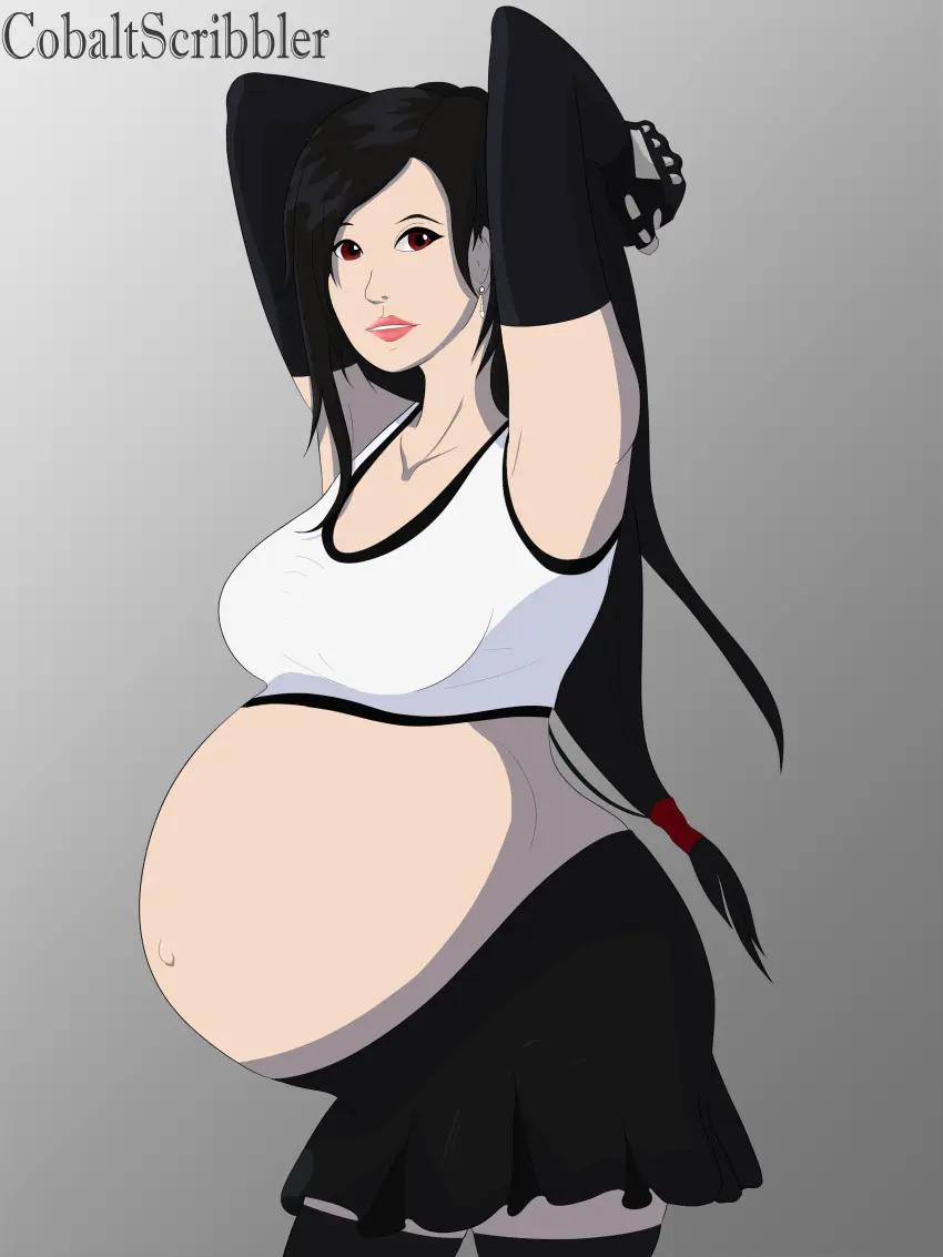 Image big_breasts,breasts,female,long_hair,red_eyes,black_hair,gloves,navel,ponytail,hands_behind_head,sports_bra,bare_belly,bare_midriff,belly,belly_button,big_belly,outie_navel,pregnant,pregnant_belly,pregnant_female,miniskirt,white_shirt,final_fantasy,final_fantasy_vii,final_fantasy_vii_remake,tifa_lockhart,fingerless_gloves,tank_top,square_enix,short_skirt,exposed_belly,cobaltscribbler,exposed_navel,outie