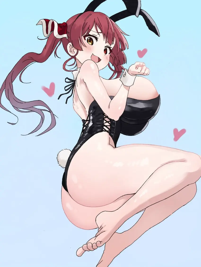 Image breasts,female,ass,big_ass,huge_ass,barefoot,feet,virtual_youtuber,gigantic_breasts,bunny_ears,bunny_girl,hololive,smug,soles,rear_view,heart,:3,:d,bunny_tail,bunnysuit,leotard,jumping,toes,areola_slip,w_arms,smug_face,black_leotard,smug_smile,bratty,houshou_marine