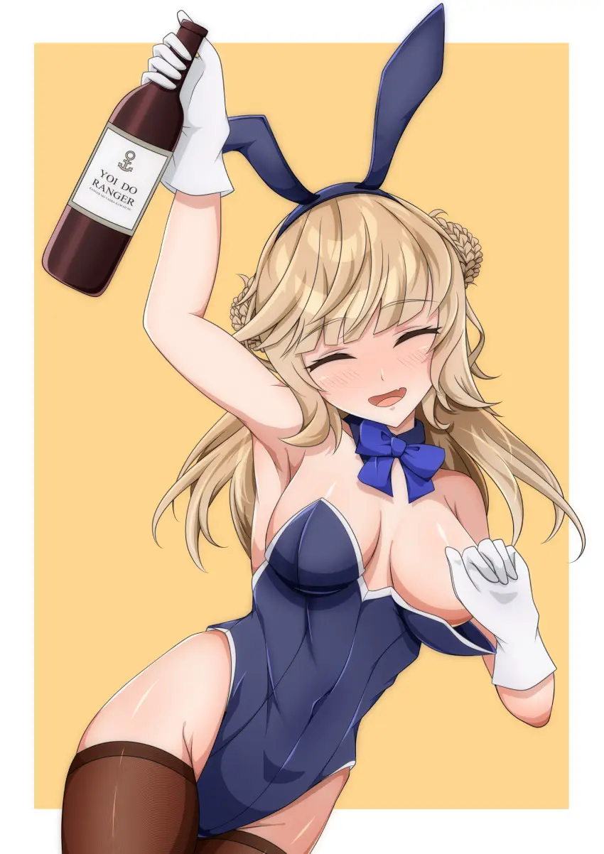 Image blush,bow,breasts,cowboy_shot,female,female_only,highres,large_breasts,long_hair,solo,animal_ears,gloves,thighhighs,solo_female,yellow_background,blonde_hair,double_bun,detached_sleeves,rabbit_ears,detached_collar,nose_blush,white_gloves,bunnysuit,playboy_bunny,leotard,strapless,strapless_leotard,hair_bun,kantai_collection,bowtie,blue_leotard,drunk,twitter_username,bottle,brown_thighhighs,alcohol,eyebrows_hidden_by_hair,blue_bow,blue_bowtie,flat_color,two-tone_background,wine_bottle,convenient_hand,one-hour_drawing_challenge,bell_shireikan,ranger_(kantai_collection)