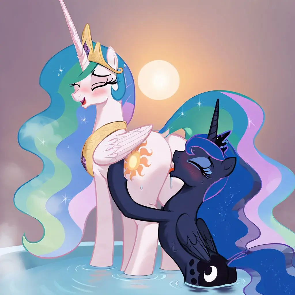 Image female,ai_generated,wings,mammal,horn,incest,sisters,friendship_is_magic,hasbro,my_little_pony,princess_celestia_(mlp),princess_luna_(mlp),siblings,feral,equid,equine,horse,pony,quadruped,sister,alicorn