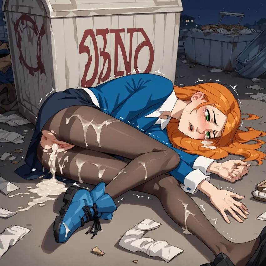Image 1girls,blush,female,female_only,solo,ai_generated,orange_hair,cum_in_pussy,crying,stable_diffusion,on_side,bukkake,after_sex,trembling,night,skirt,white_shirt,alley,crying_with_eyes_open,rape,tears,exposed_pussy,fully_clothed,pantyhose,blushing,after_rape,ben_10,trash,gwen_tennyson,dumpster,broken_rape_victim,ben_10_alien_force,gwen_tennyson_(alien_force)