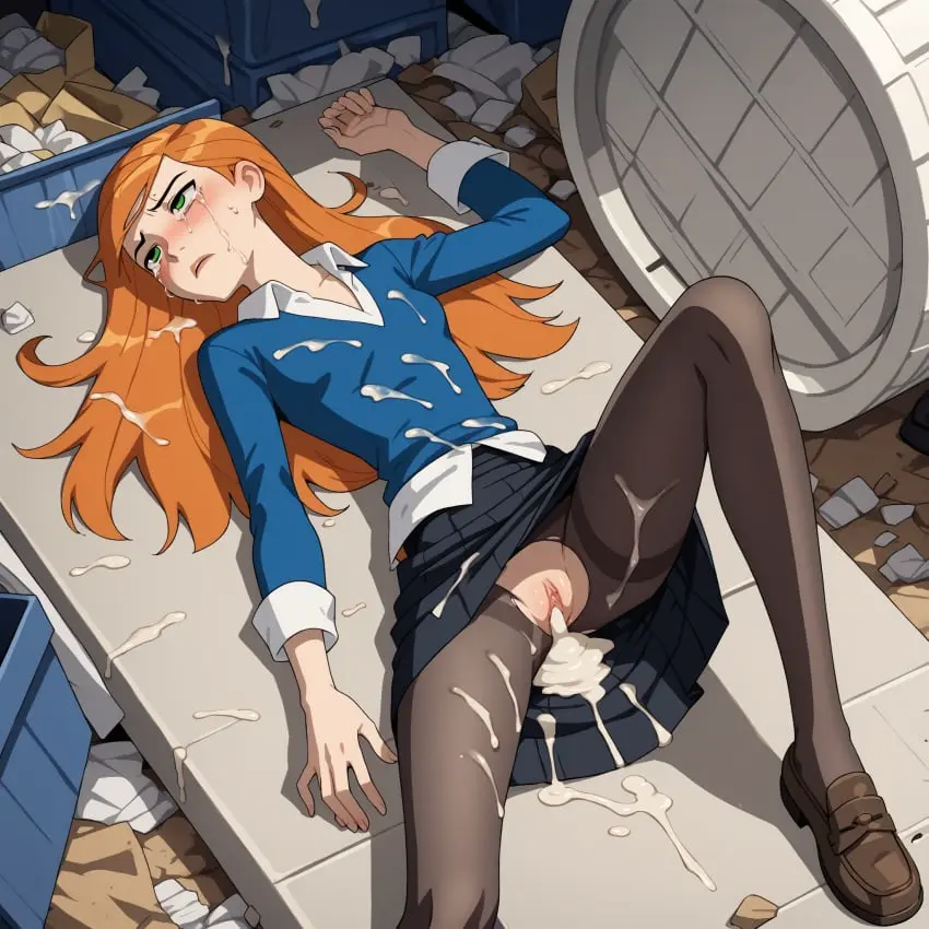 Image 1girls,blush,female,female_only,human,solo,on_back,ai_generated,orange_hair,cum_in_pussy,green_eyes,crying,stable_diffusion,teenager,teenage_girl,artist_request,bukkake,after_sex,trembling,skirt,white_shirt,defeated,bad_end,alley,crying_with_eyes_open,rape,female_human,tears,exposed_pussy,fully_clothed,pantyhose,clothed_sex,blushing,after_rape,heroine,ben_10,human_female,trash,defeated_heroine,gwen_tennyson,dumpster,loafers,broken_rape_victim,adult_female,grown_up,gwen_tennyson_(alien_force),clothes_on,adult_version,clothed_rape