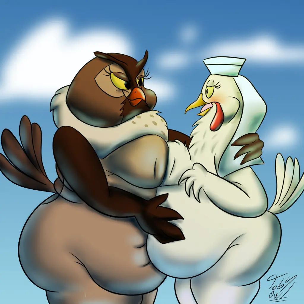 Image female, female_only, 2girls, multiple_girls, big_ass, disney, big_belly, digital_art, feathers, anthro, furry_female, fat_ass, mature_female, yuri, interspecies, chubby, chubby_female, furry_only, anthro_only, avian, owl, overweight_female, crossover, bbw, chicken, galliform, belly_grab, fat_butt, robin_hood_(disney), digital_drawing, the_fox_and_the_hound, big_mama_(fath), lady_kluck
