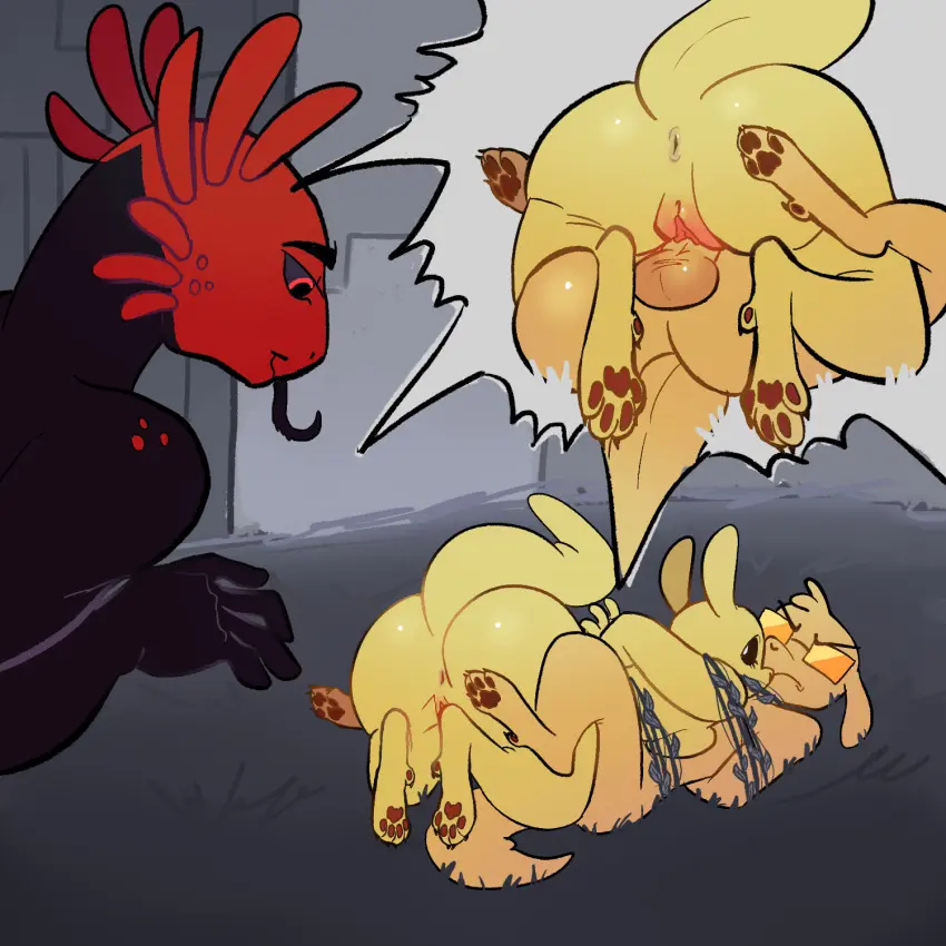 Image female,hi_res,male,pussy,ass,male/female,anthro,anus,original_character,genitals,paws,yellow_body,black_body,bondage,reptile,scalie,1:1,group,trio,bound,lizard,rain_world,slugcat,videocult,toonyderb