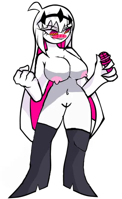 Image big_breasts,blush,breasts,female,white_hair,pussy,belly_button,naked,naked_female,microphone