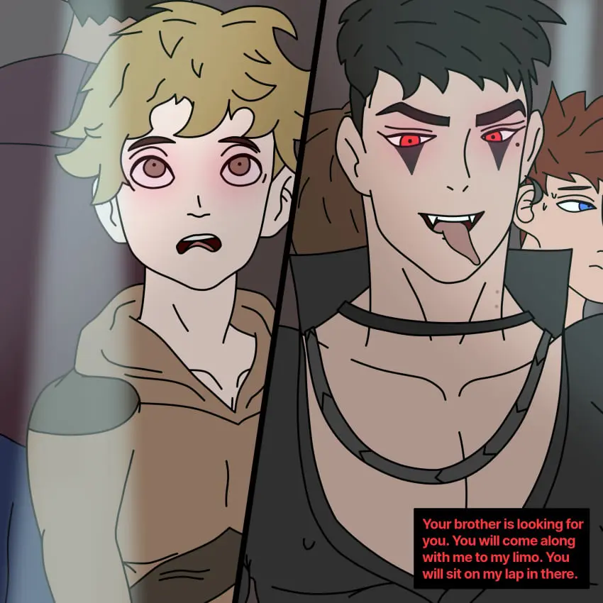 Image male,earring,original,original_character,mole,necklace,gay,mole_under_eye,vampire,bite_mark,comic,club,skinny,young,text_box,original_characters,hoodie,nipple_bulge,mind_control,bite_marks,cyles_cinning
