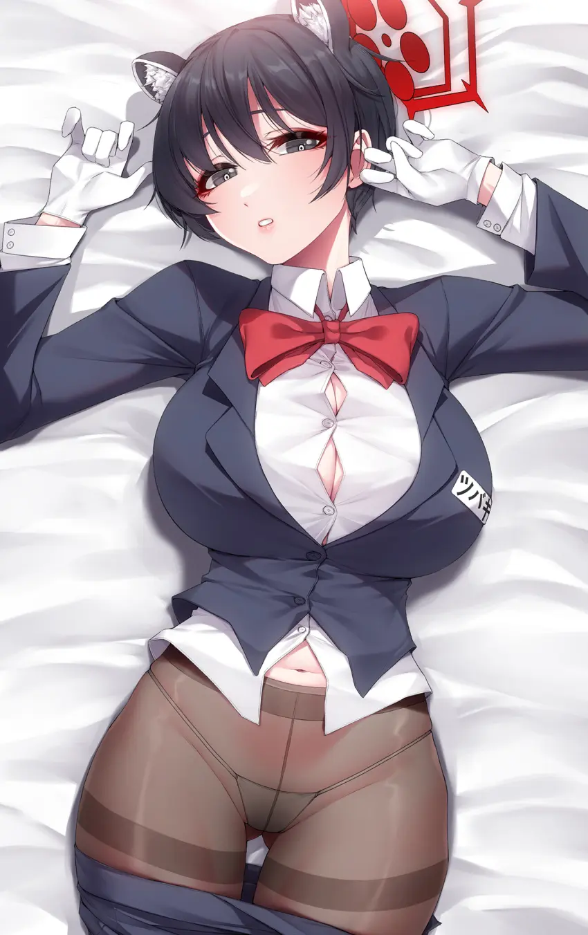 Image breasts,female,animal_ears,blue_archive,seductive_look,thick_thighs,wide_hips,arms_up,huge_breasts,text,lying_on_bed,japanese_text,pantyhose,character_name,very_short_hair,panties_under_pantyhose,button_gap,allied_hyakkiyako_academy_student,inner_discipline_club_(blue_archive),tsubaki_(blue_archive),name_tag,tsubaki_(guide)_(blue_archive)