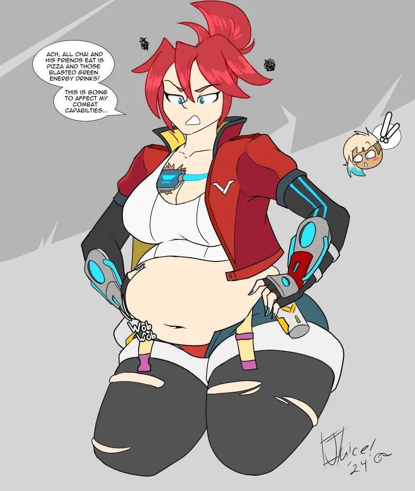 Image 1girls,breasts,female,blue_eyes,short_hair,red_hair,thick_thighs,belly,huge_belly,huge_breasts,tagme,artist_signature,chubby,chubby_female,2024,dated,fat_fetish,onomatopoeia,belly_grab,english_dialogue,hi-fi_rush,weight_gain,ripped_pantyhose,korsica,juice_inyoureye(artist)