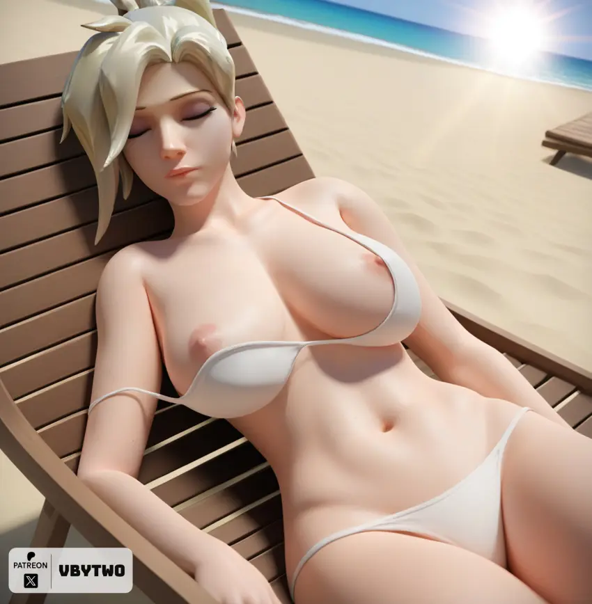 Image breasts,exposed_breasts,female,highres,bikini,beach,patreon,ai_generated,nipple_slip,sleeping,overwatch,overwatch_2,blizzard_entertainment,mercy,beach_chair,vbytwo