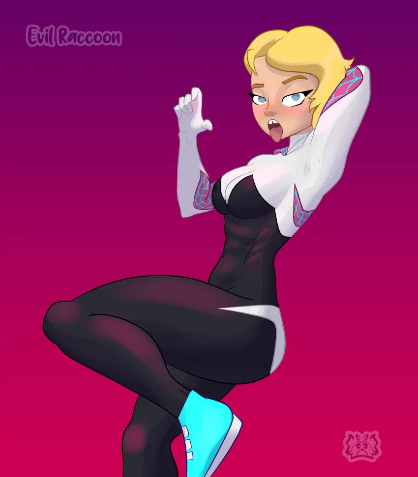 Image 1girls,breasts,female,female_only,solo,blue_eyes,short_hair,tongue_out,tongue,thick_thighs,thighs,white_skin,armpits,arms_up,blonde_hair,medium_breasts,pale_skin,tight_clothing,asymmetrical_hair,white_body,abs,marvel,marvel_comics,superheroine,suggestive,arms_behind_back,superhero_costume,superhero,suggestive_gesture,gwen_stacy,spider-gwen,spider-man:_into_the_spider-verse,evil_raccoon,oral_invitation