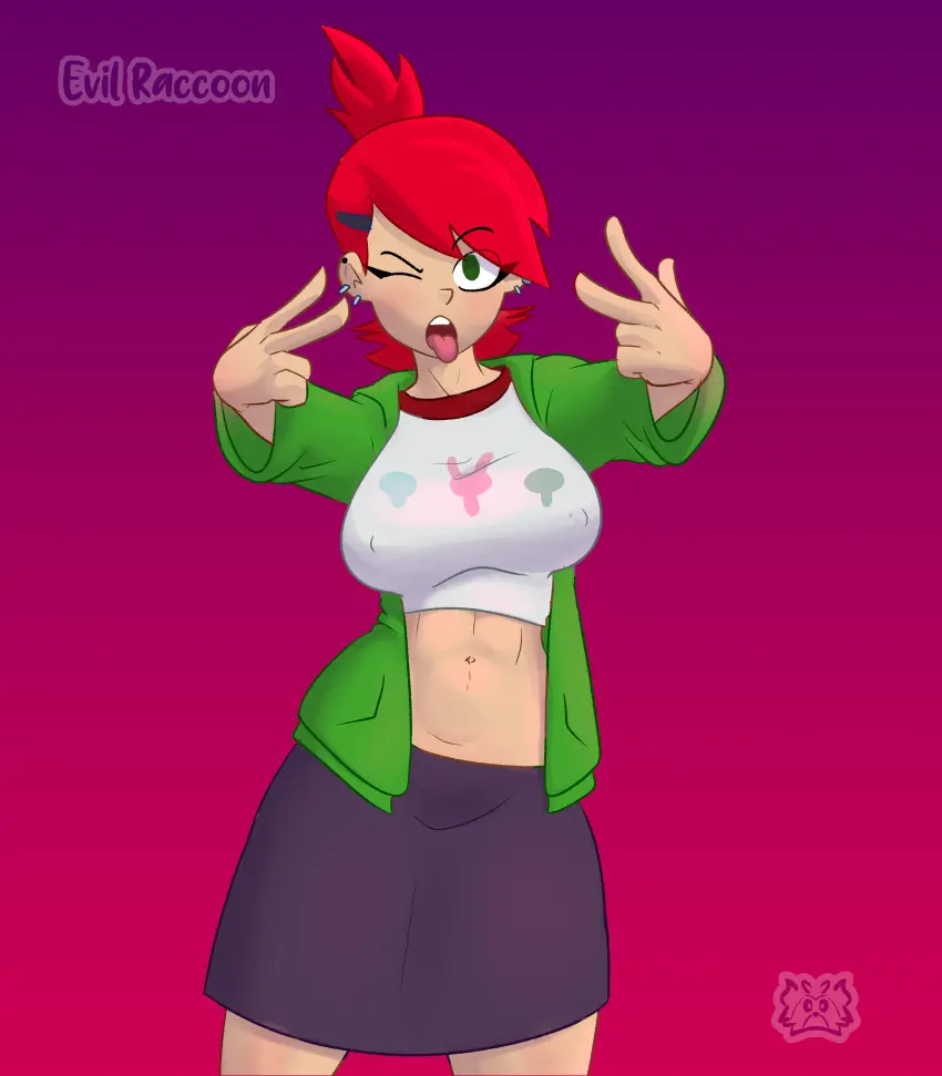 Image 1girls,big_breasts,breasts,female,female_only,human,tongue_out,red_hair,tongue,white_skin,ponytail,artist_name,belly,belly_button,piercing,green_eyes,one_eye_closed,pale-skinned_female,absurd_res,pale_skin,skirt,white_body,artist_logo,nipple_bulge,piercings,cartoon_network,peace_sign,foster's_home_for_imaginary_friends,frankie_foster,redhead,evil_raccoon