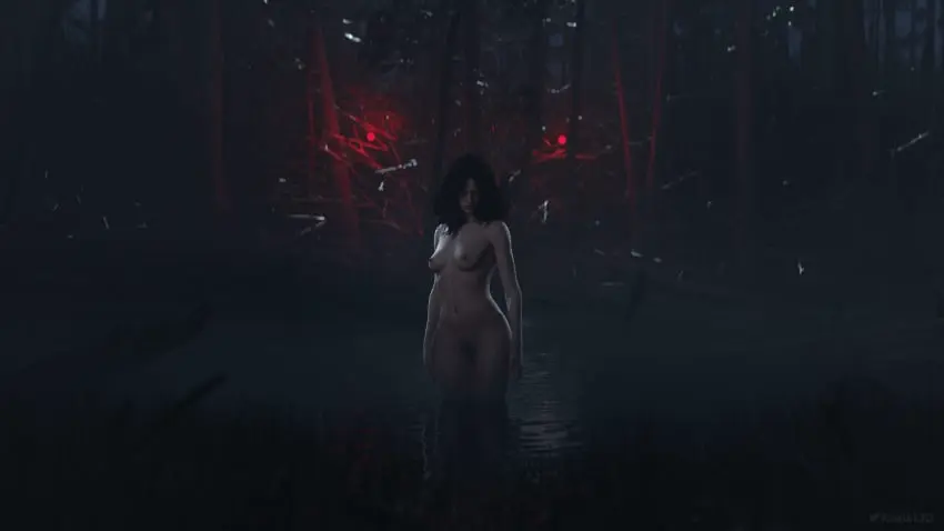 Image breasts,female,human,light-skinned_female,looking_at_viewer,nipples,red_eyes,solo,nude,completely_nude,pale_skin,pubic_hair,3d,outdoors,casual,bathing,the_witcher_(series),the_witcher_3:_wild_hunt,bath,yennefer,koelet3d